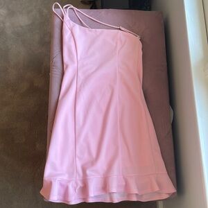Pink Lucy in the Sky mini dress, one shoulder, little ruffle on bottom